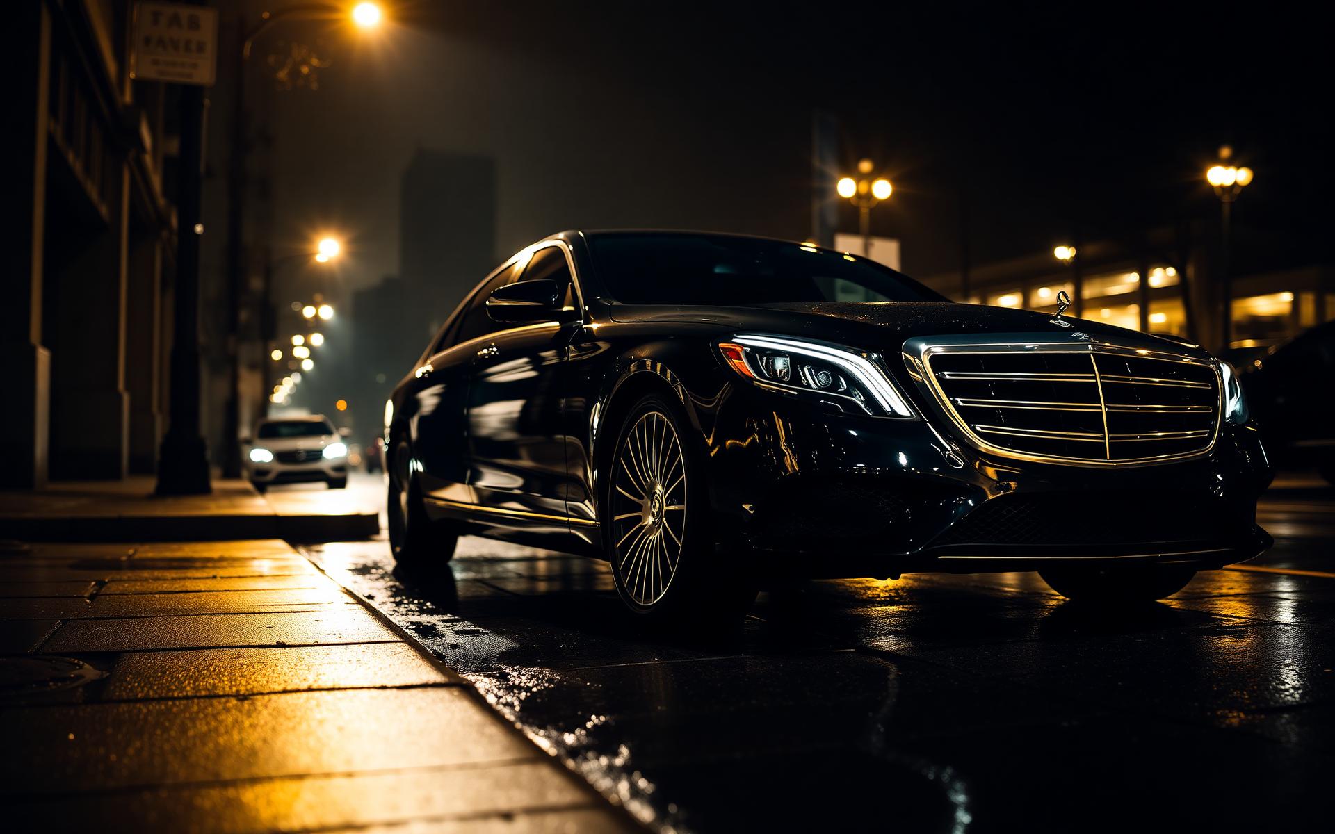 Luxury black sedan on a Boston street at night