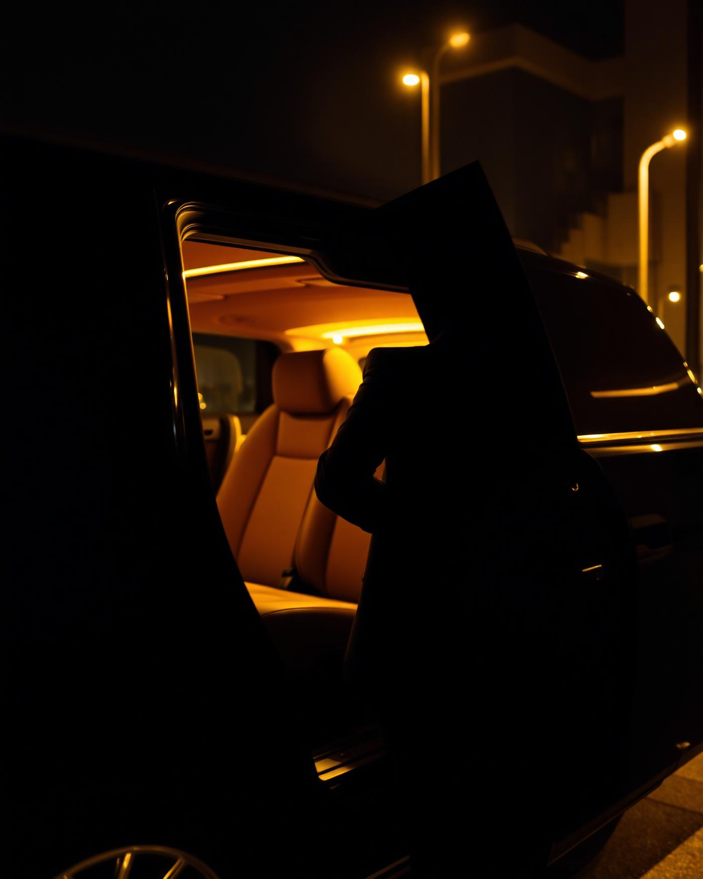 Chauffeur opens the door of a luxury black car