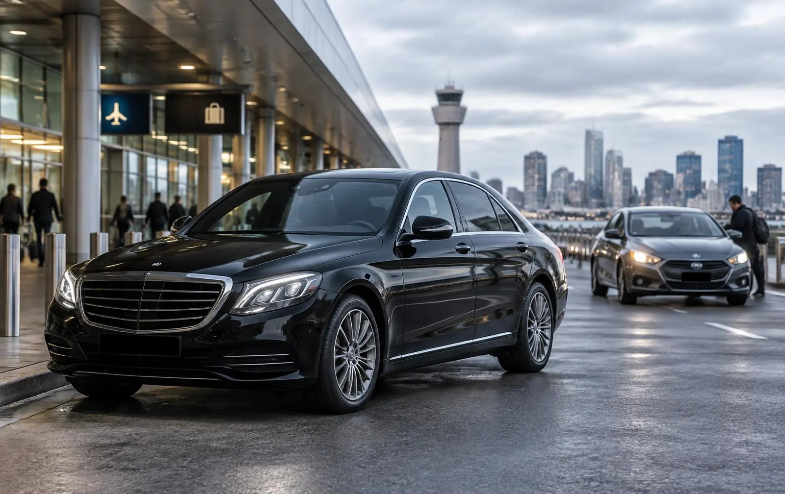 Black chauffeured sedan and rideshare vehicle outside Boston Logan International Airport