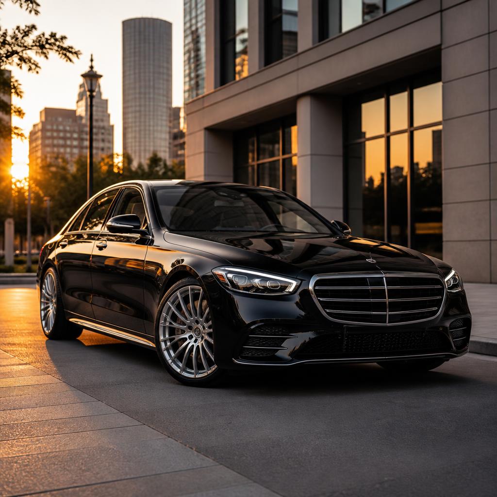 Elegant black Mercedes sedan parked in front of a modern Boston office building at golden hour