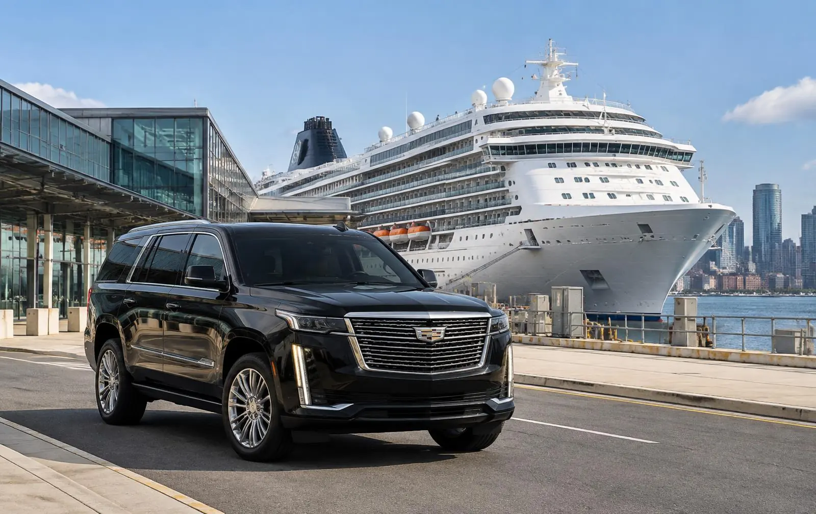 Black executive SUV arriving beside a cruise ship at Flynn Cruiseport Boston